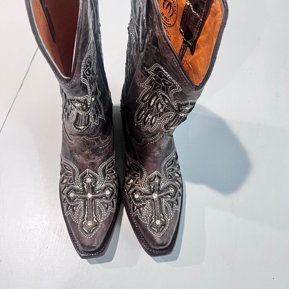 Leather cowboy‎ boots square toe embroidered rhinestone sparkle brown girls 2.5